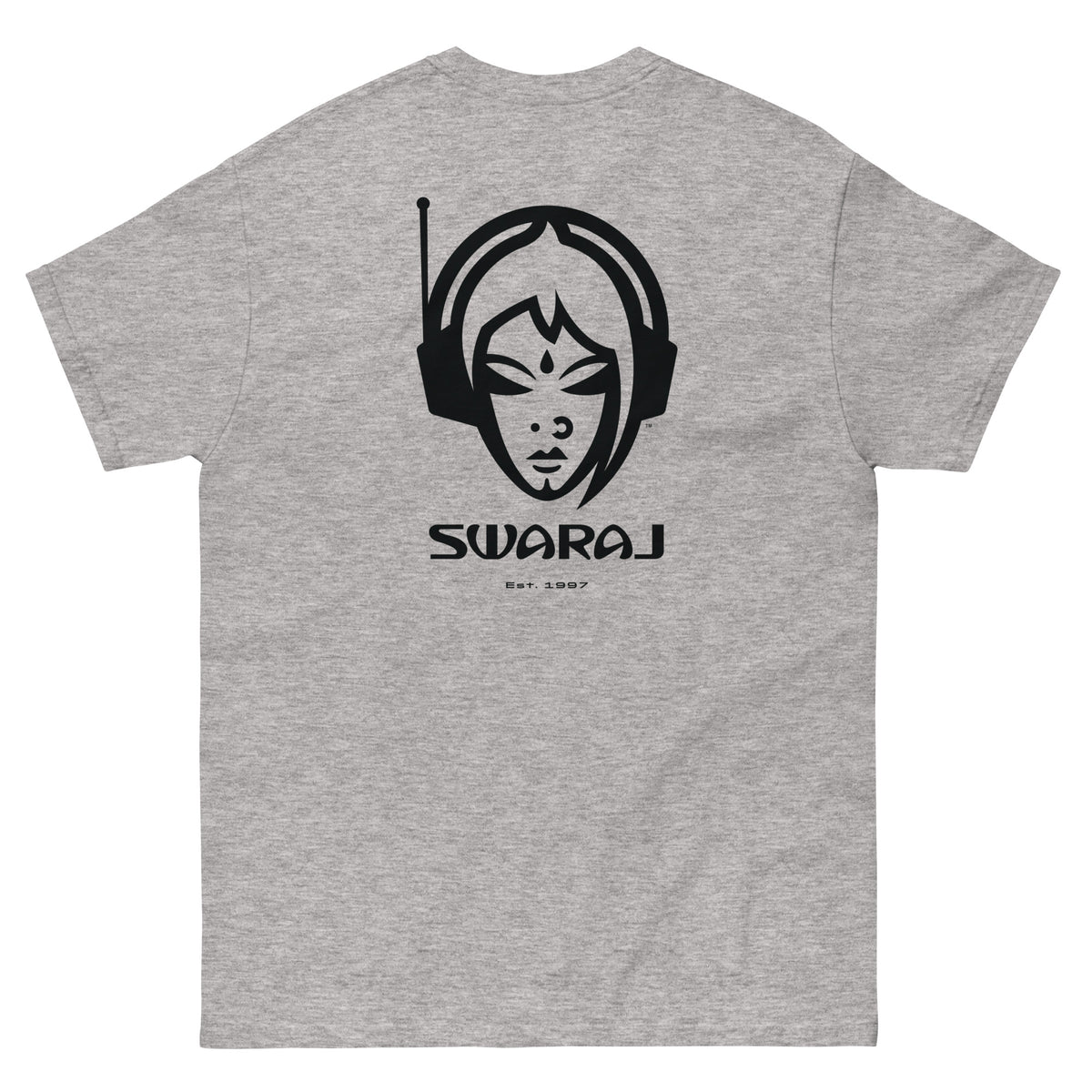 DJ Raj Asian Underground T-shirt by Swaraj Music. Back of t-shirt. Grey t-shirt with the black outline of a female dj with headphones image.