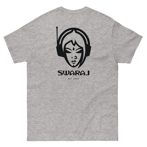 DJ Raj Asian Underground T-shirt by Swaraj Music. Back of t-shirt. Grey t-shirt with the black outline of a female dj with headphones image.