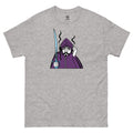 DJ Raj Asian Underground T-shirt by Swaraj Music. Grey t-shirt with a graphic of a character in a purple hoodie holding a sword on a grey background.