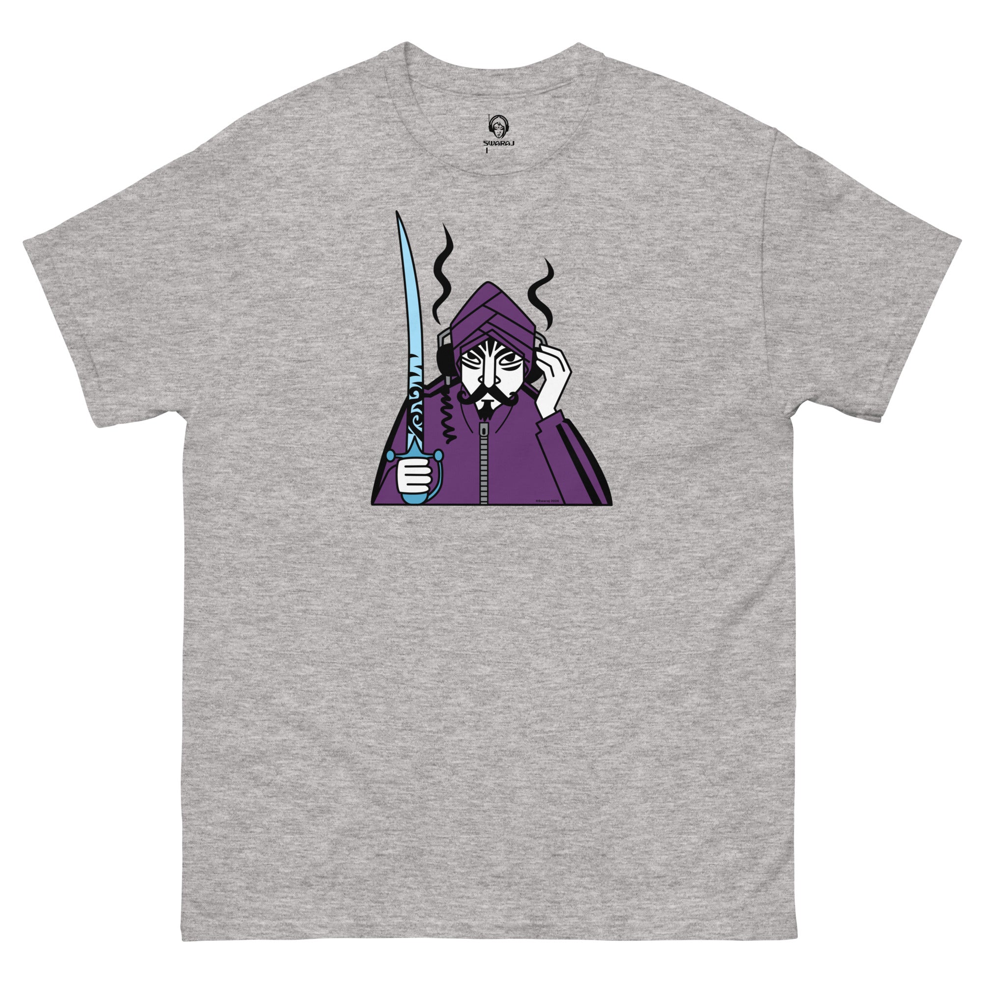 DJ Raj Asian Underground T-shirt by Swaraj Music. Grey t-shirt with a graphic of a character in a purple hoodie holding a sword on a grey background.