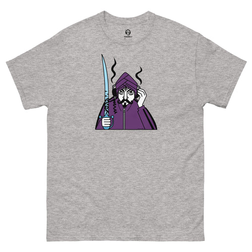 DJ Raj Asian Underground T-shirt by Swaraj Music. Grey t-shirt with a graphic of a character in a purple hoodie holding a sword on a grey background.