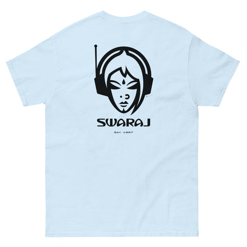 DJ Swa T-shirt back - South Asian DJ streetwear. Light blue t-shirt with black graphic design of a female DJ and 'Swaraj' text on a white background