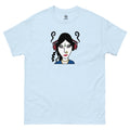 DJ Swa T-shirt front - South Asian DJ streetwear. Light blue t-shirt with a graphic of a face wearing red headphones on a white background
