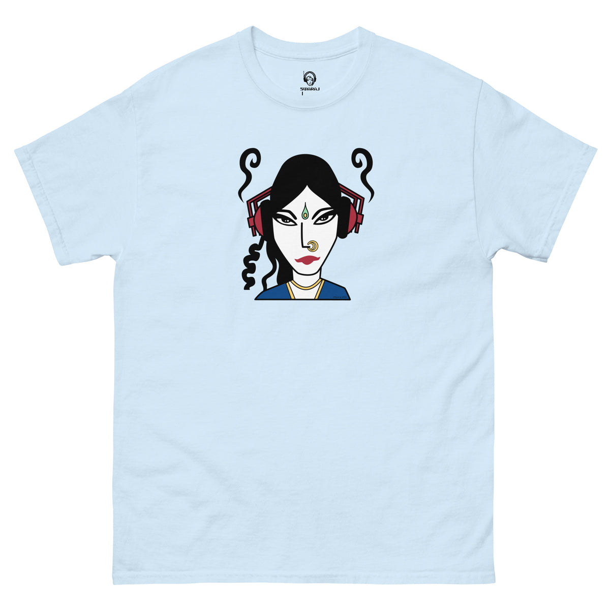 DJ Swa T-shirt front - South Asian DJ streetwear. Light blue t-shirt with a graphic of a face wearing red headphones on a white background