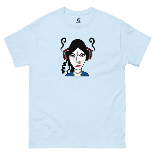 DJ Swa T-shirt front - South Asian DJ streetwear. Light blue t-shirt with a graphic of a face wearing red headphones on a white background