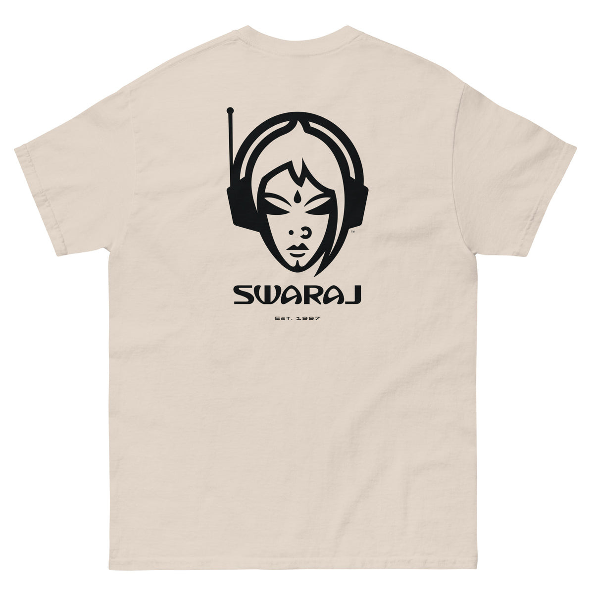 South Asian music t-shirt. Cream t-shirt with black graphic design of a female DJ  face and 'Swaraj' text on a white background