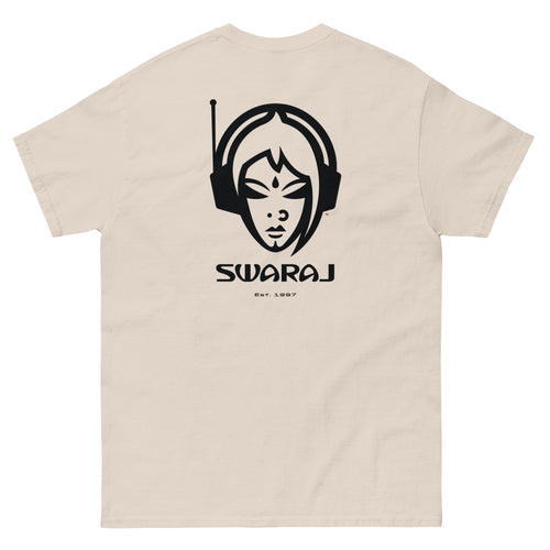 South Asian music t-shirt. Cream t-shirt with black graphic design of a female DJ  face and 'Swaraj' text on a white background