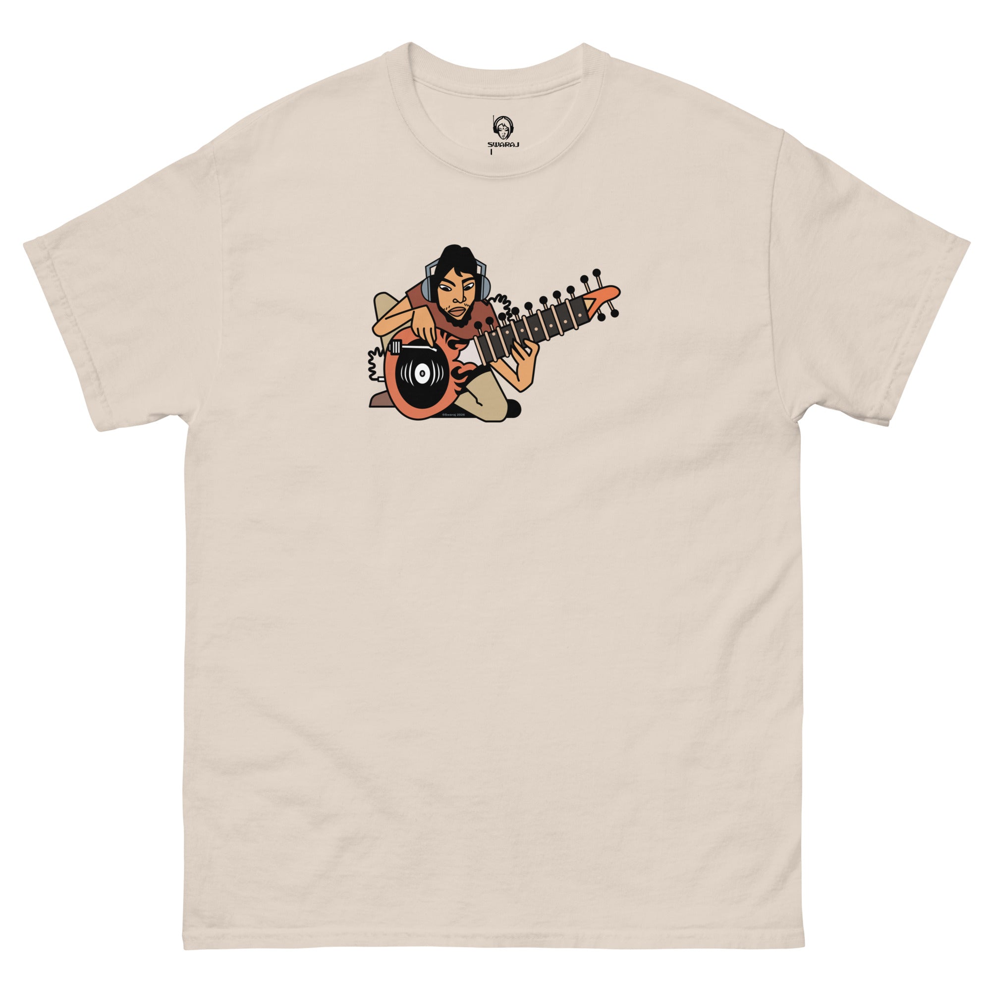 South Asian music t-short. Cream t-shirt with a graphic of a person playing a sitar with a turntable on a white background.
