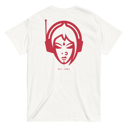 White t-shirt with red graphic design of a female DJ wearing headphones and the text 'Est. 1997'