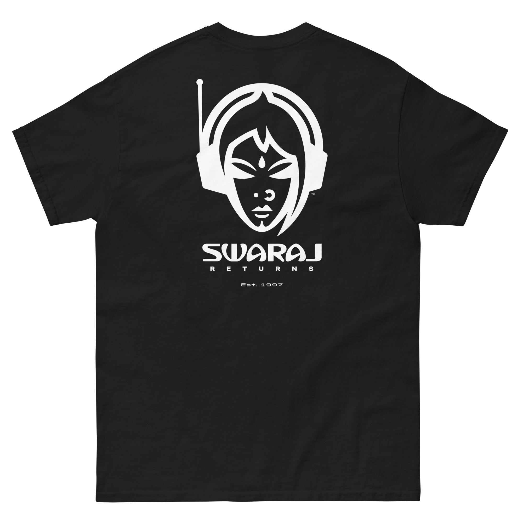 South Asian Underground streetwear. Black t-shirt with white graphic design of a female DJ face and the Swaraj name in text on a black background.