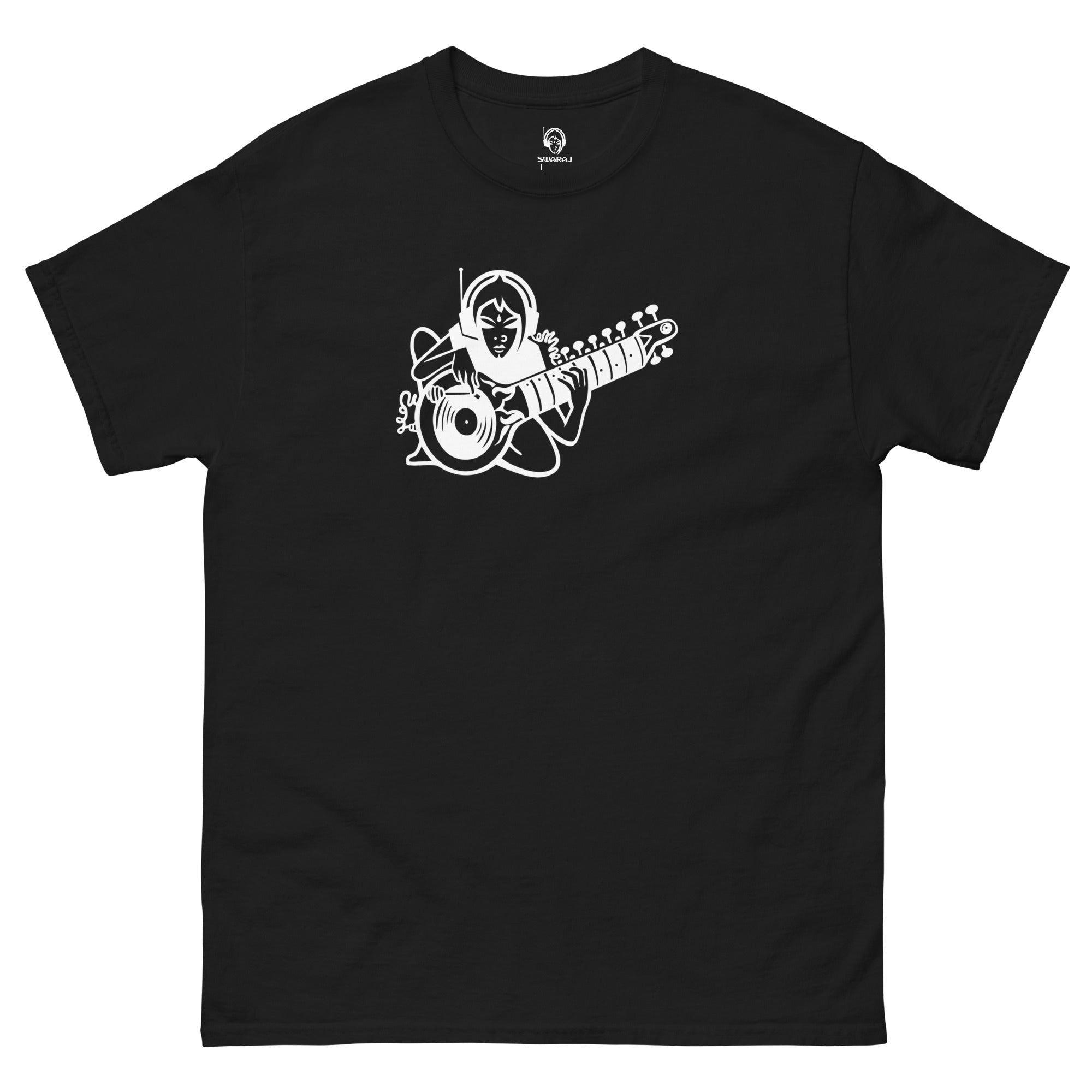 South Asian Underground streetwear. Black t-shirt with a white graphic of a person playing a sitar with a turntable on a black background.
