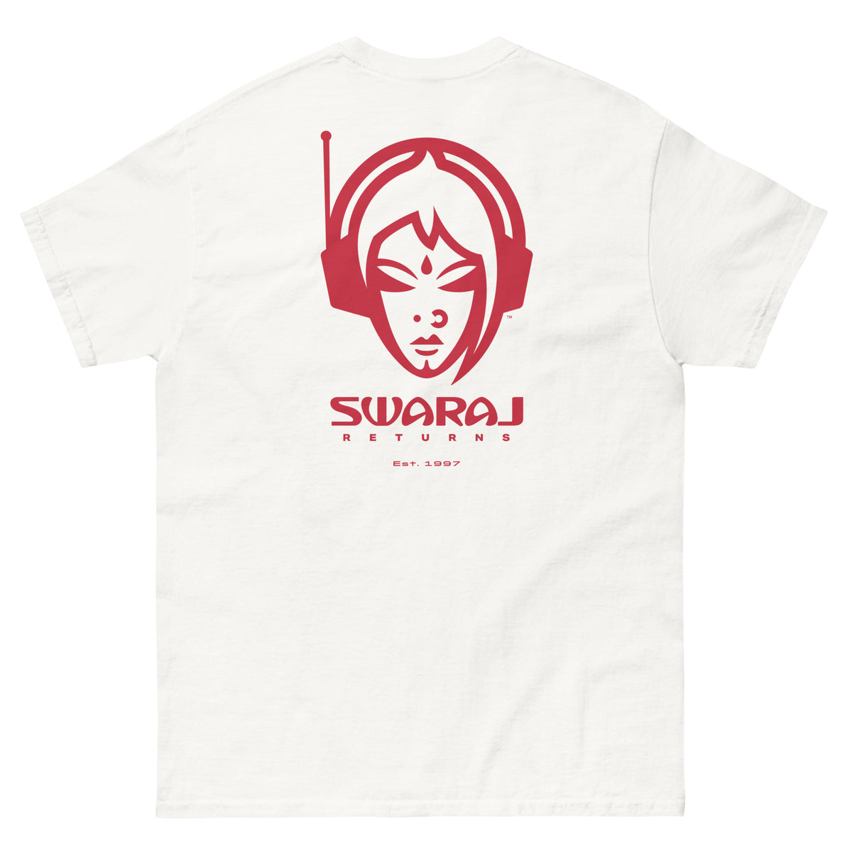 South Asian music t-shirt. White t-shirt with red graphic design of a female DJ  face and the Swaraj name in text on a white background.