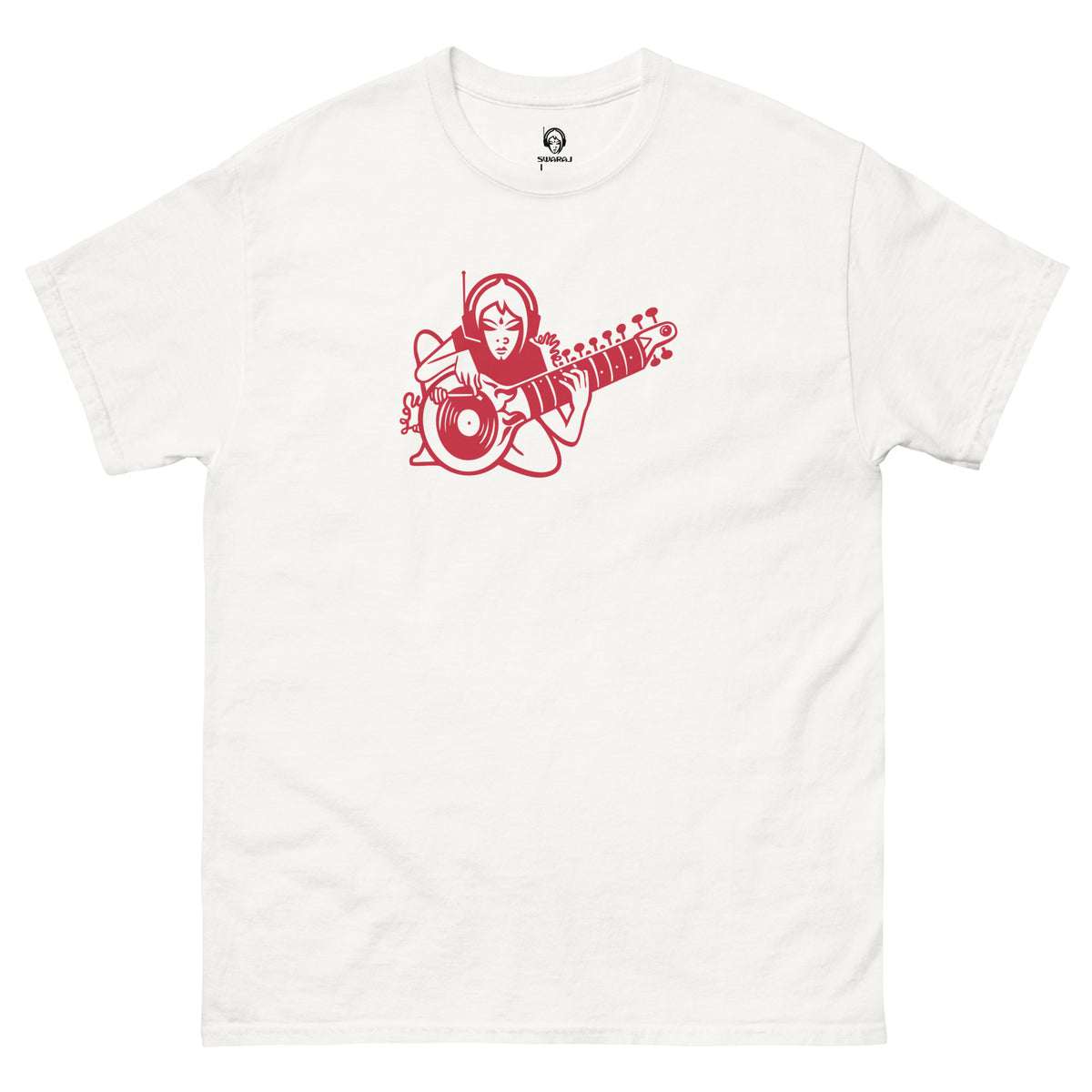 South Asian desi club streetwear. White t-shirt with a red graphic of a person playing a sitar with a turntable on a white background.  