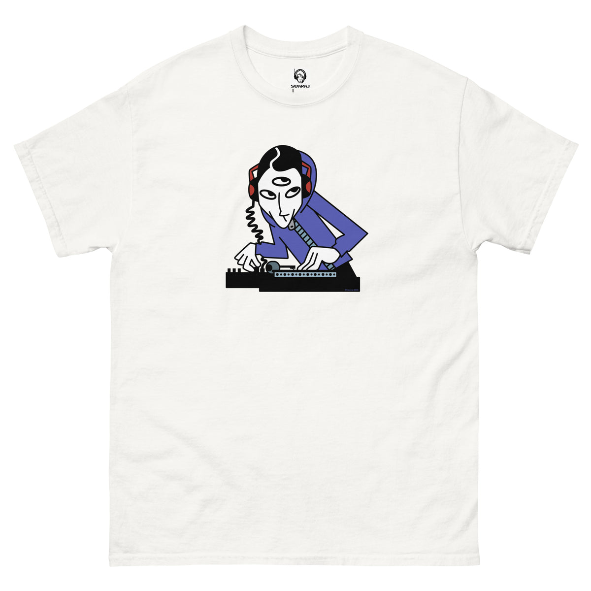 Third Eye DJ T-shirt by Swaraj Music – Asian Underground streetwear. White t-shirt with a graphic design of a person using a phone on a white background